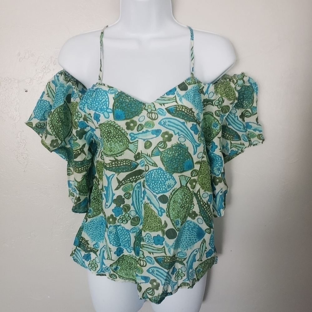Vanessa Virginia Anthropologie Blue Green Cold Shoulder Blouse Fish Flowers Silk